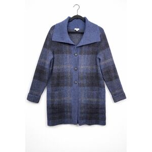 J. Jill Ribbed-Collar Plaid Sweater-Jacket Blue Gray Women's Size M Wool Blend